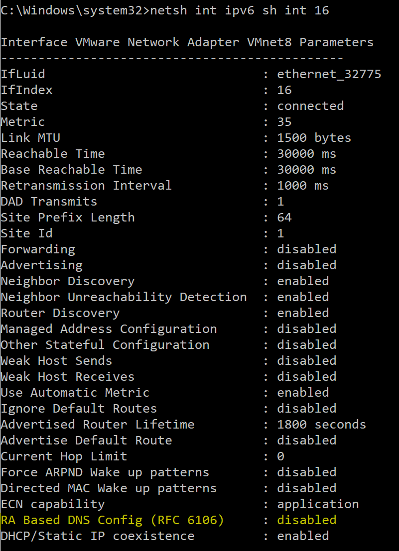 This gives an example of the output received in the process of verifying that RDNSS is disabled, mitigating CVE-2020-16898. 