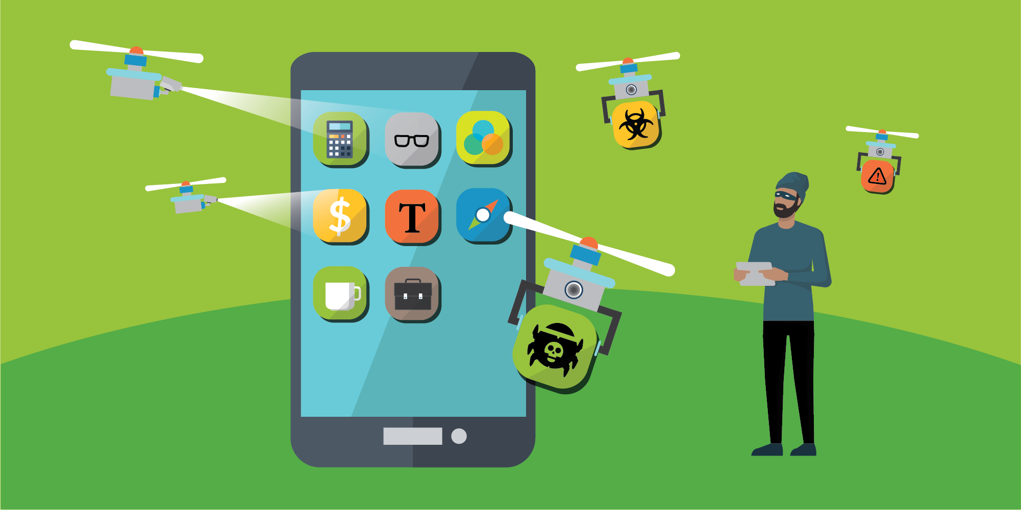 Data leakage from mobile applications, as illustrated here, can make users trackable and open them to malicious attacks. The image shows a mobile device screen and icons representing attackers hovering around the device monitoring for leakage.