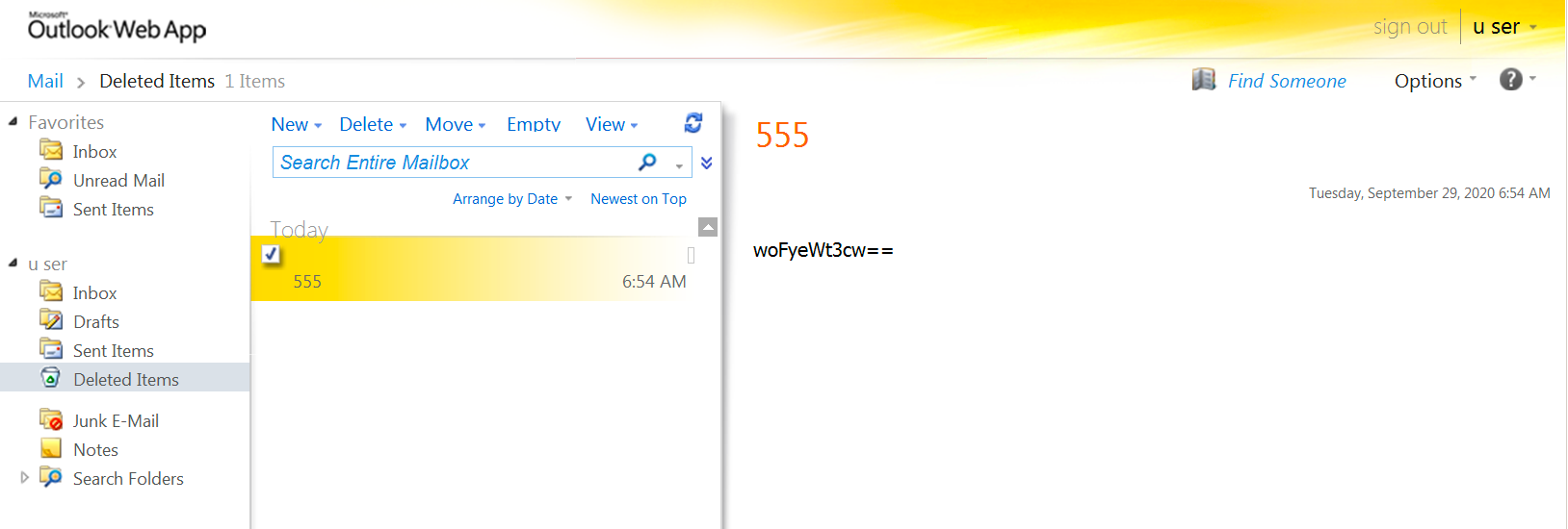 This is an example of a command email with a subject of 555 and a message body of woFyeWt3cw==, which decodes and decrypts to whoami. The script would execute this via PowerShell.