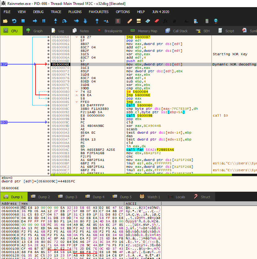 In a second decoding routine in the Vatet loader, an additional dynamic XOR loop is used to decode and rewrite the contents of the executable code. 