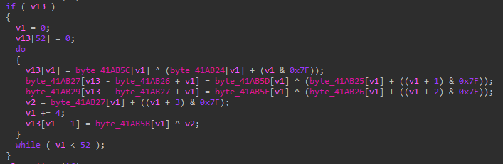 Defray777 uses the same string encryption that was used in PyXie. Additionally, the same string encryption methodology was observed in the Tetris variant of the Vatet loader. 