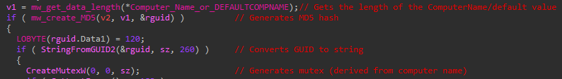 Defray777 uses the same Mutex routine as the updated PyXie samples we analyzed, including the DEFAULTCOMPNAME fallback. One thing Defray777 does differently is that it omits the step where the computed MD5 hash is XOR'd with 0x2.