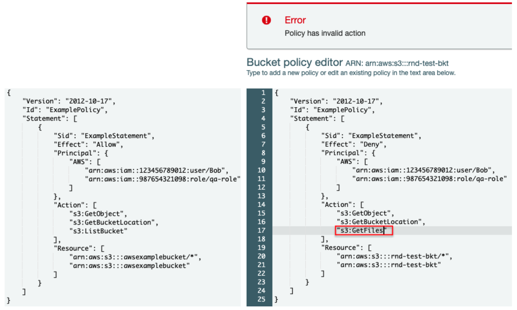 This represents the simplest form of a resource-based policy. In this example, an error message is raised because "GetFiles" is not a supported action. 