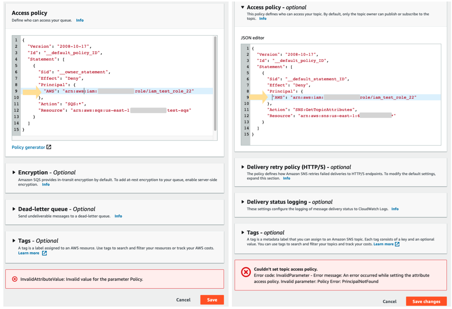 This shows the error messages when we specify a nonexistent IAM role in AWS SQS (left) and AWS SNS (right). By repeating this process with a wordlist, an adversary can enumerate and discover the existing identities in a target account. 