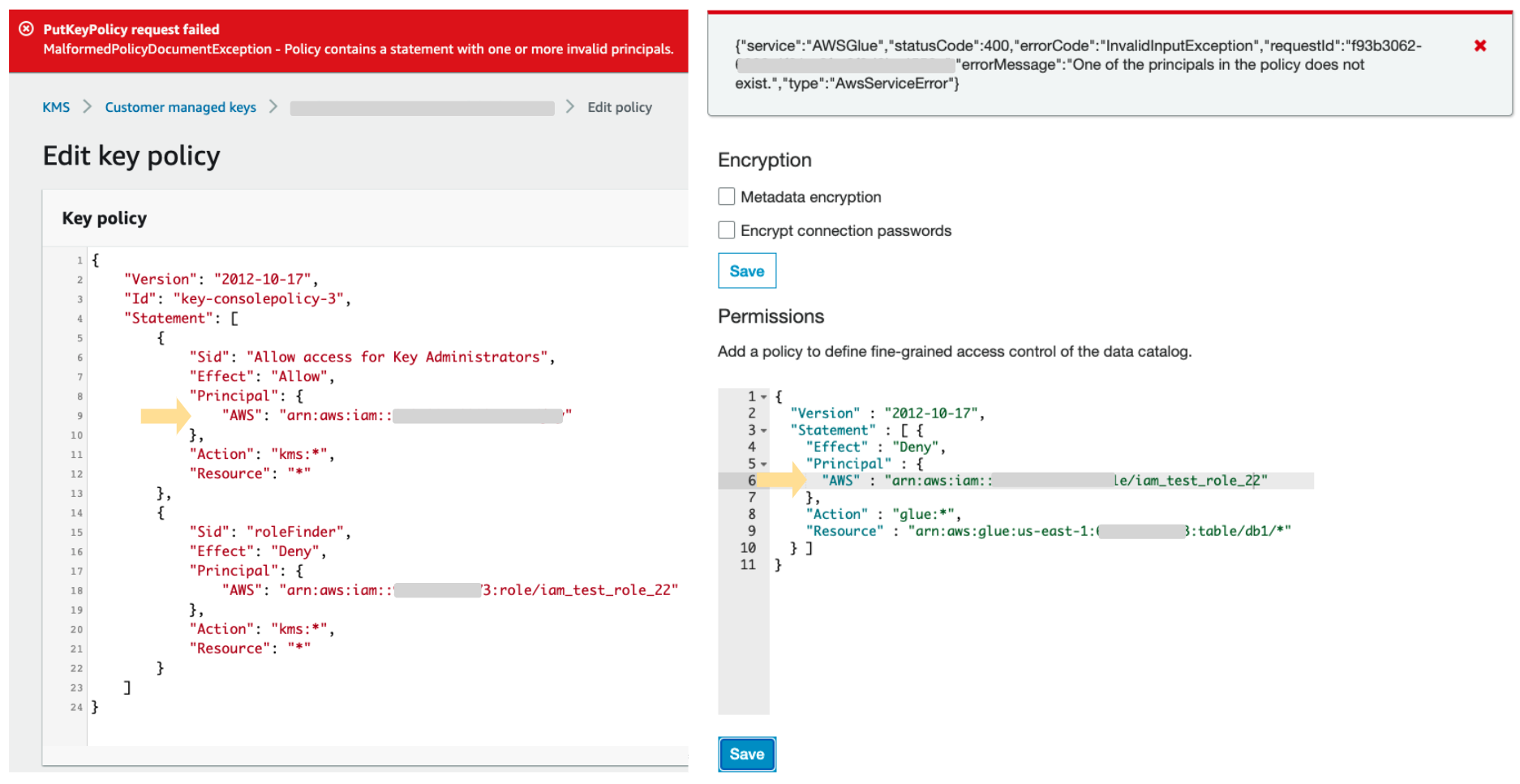 This shows the error messages when we specify a nonexistent IAM role in AWS KMS (left) and AWS Glue (right). By repeating this process with a wordlist, an adversary can enumerate and discover the existing identities in a target account. 