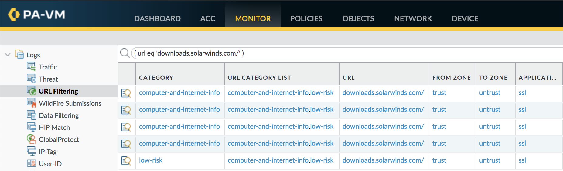Example of how URL Filtering can help identify systems connecting to the SolarWinds download server and specifically downloading the SUNBURST plug-in update. 