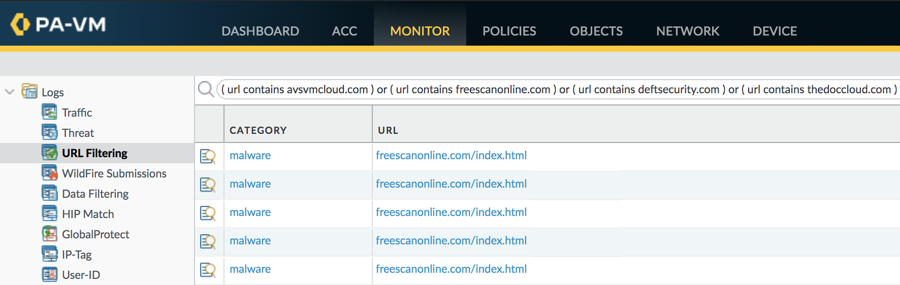 Example of how URL Filtering can identify traffic to the known SUNBURST command and control domains. 