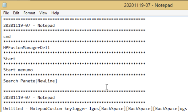 The keylogger drops information into the HPFusionManagerDell directory with the format shown here.