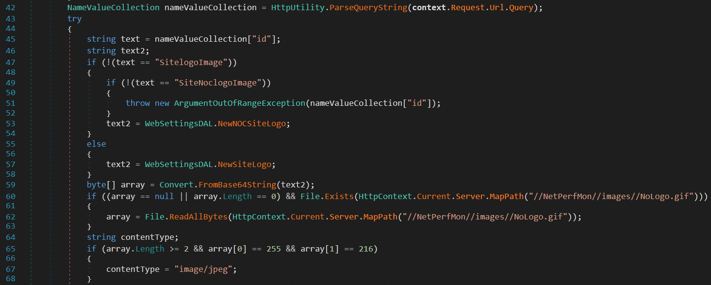 The code shown demonstrates the normal or benign content of the Orion component. Line 42 defines the collection of the parameters supplied to the HTTP endpoint, in which only id is valid and processed. 