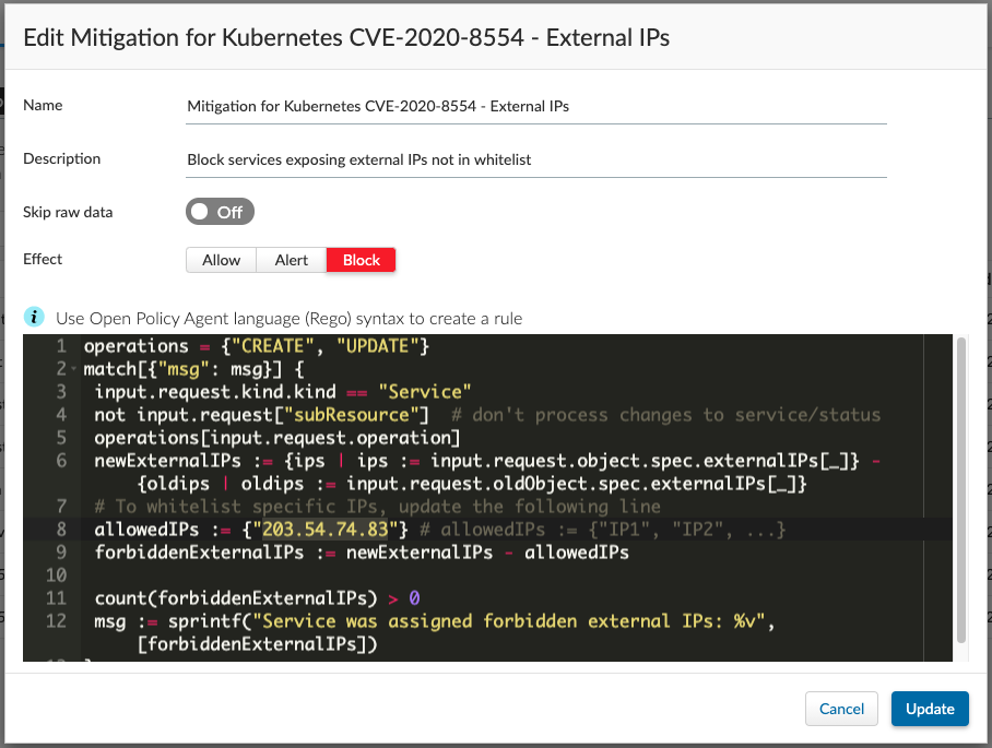 To whitelist certain IPs for use as external IPs, update the rule as outlined here. The following rule whitelists IP 203.54.74.83.