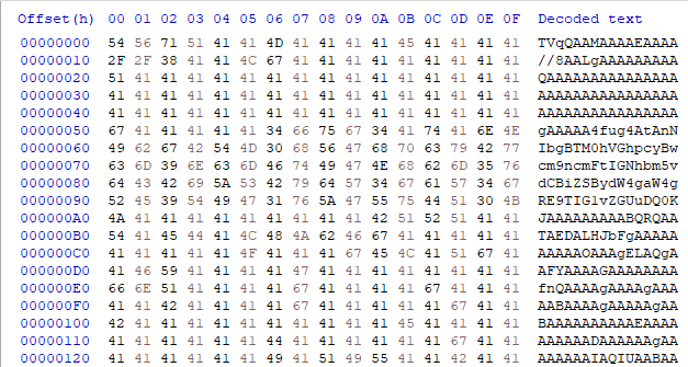 This shows hex encoded strings and hex decoded and encoded base64 data collected as part of observing njRAT and tracking the relationship between the downloader component and its second-stage malware. 