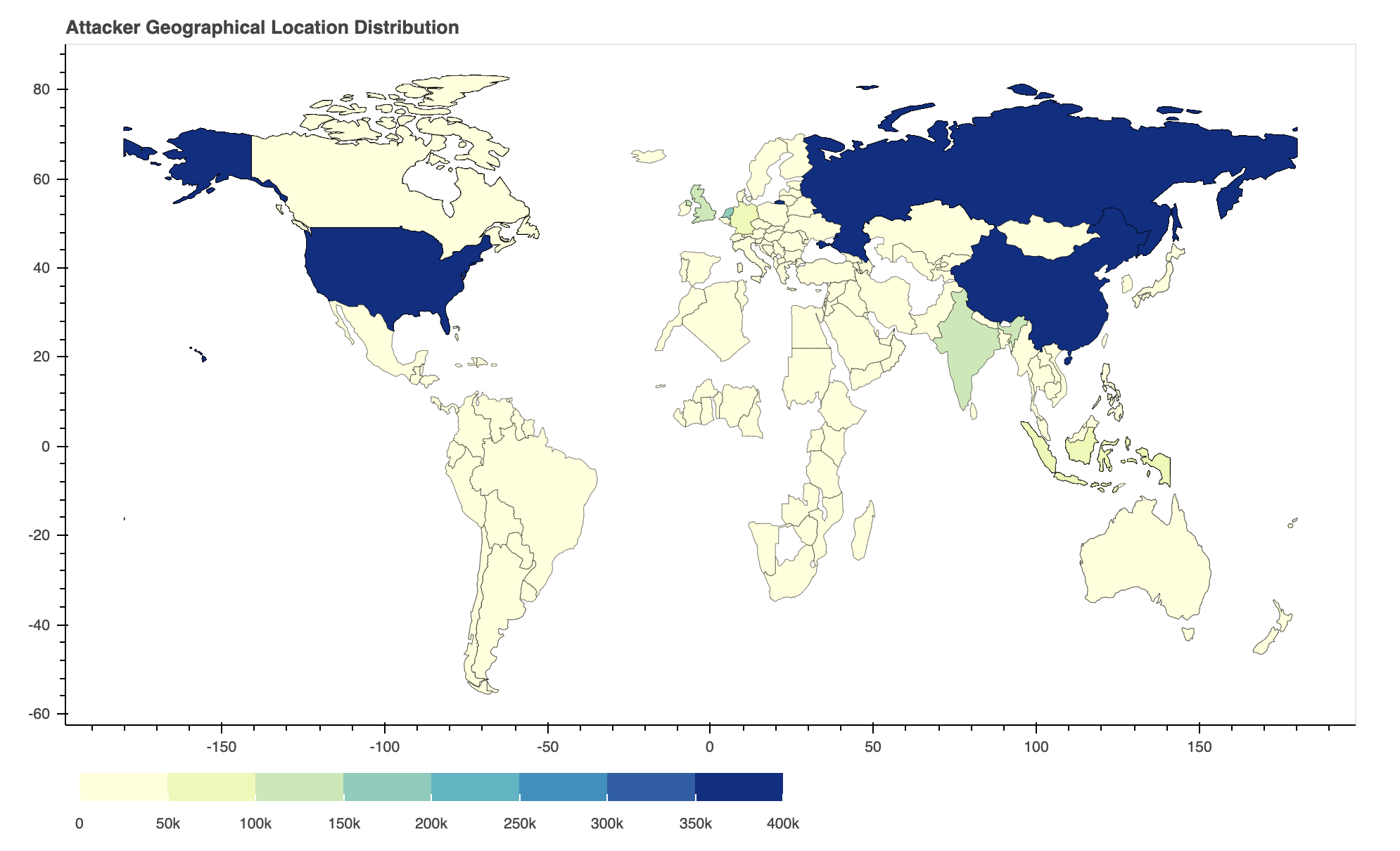 Attack geolocation distribution from August-October 2020. Pale colors indicate fewer attacks. The darkest blue on the world map represents the highest incidence of observed attack origin. 