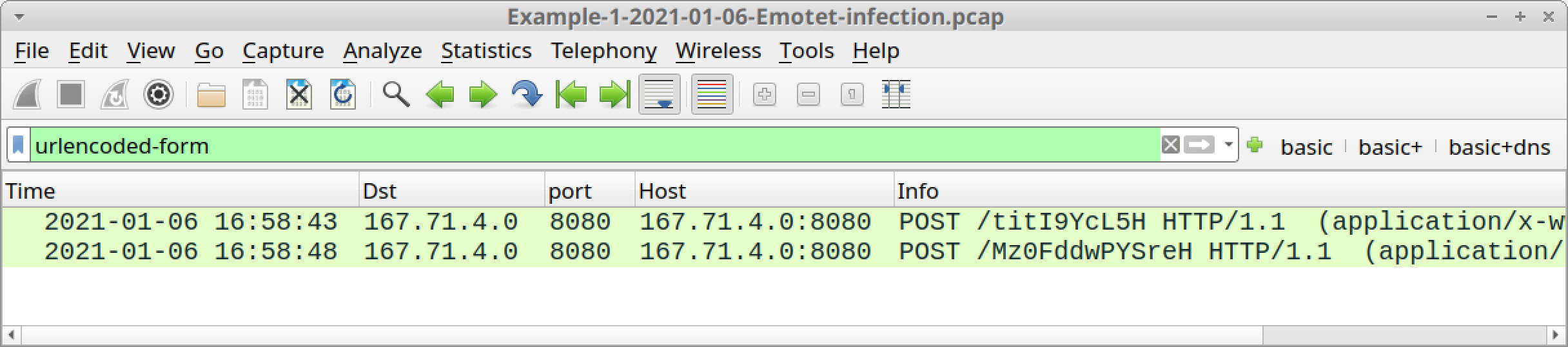 Figure 14. Filtering for the second type of HTTP POST request in Emotet C2 traffic.