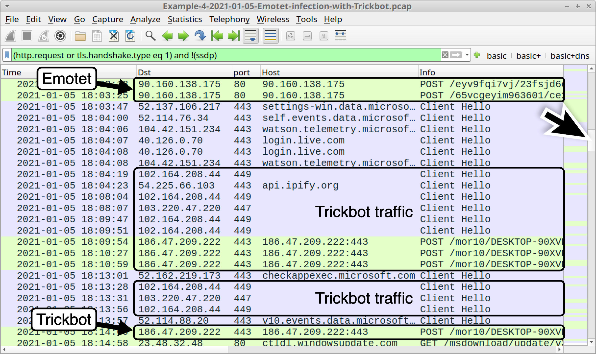 Figure 26. Scrolling down the column display to find Trickbot indicators in our fourth pcap using a basic web filter.