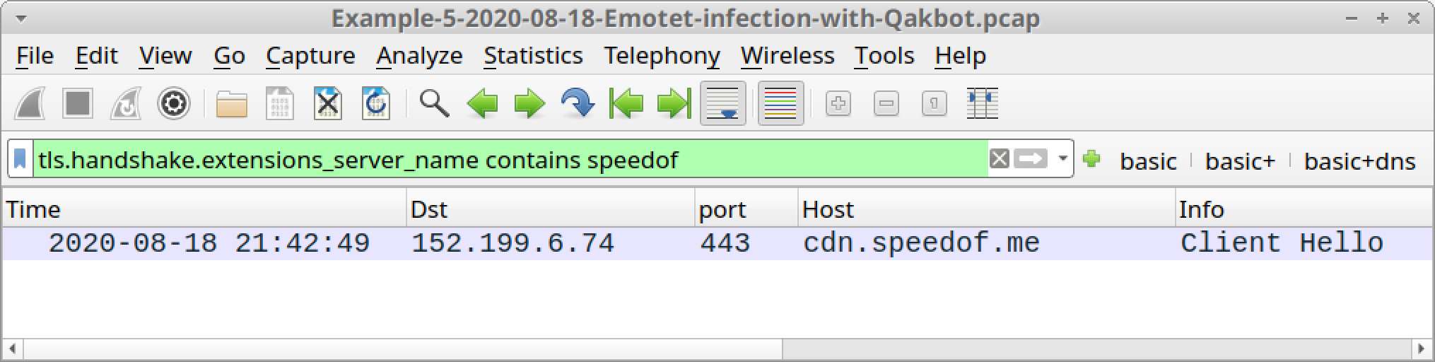 Figure 34. Filtering for traffic to cdn.speedof[.]me, which is not inherently malicious, but a connectivity check caused by Qakbot prior to late November 2020.