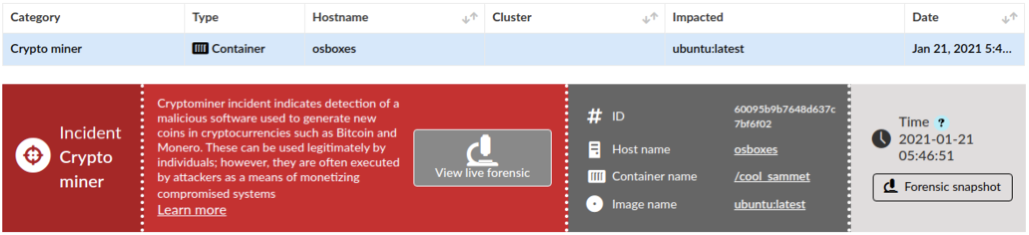 Prisma Cloud also protects against Hildegard through its Cryptominer Detection feature. The screenshot shows an example of the software alerting on a crypto mining incident. 