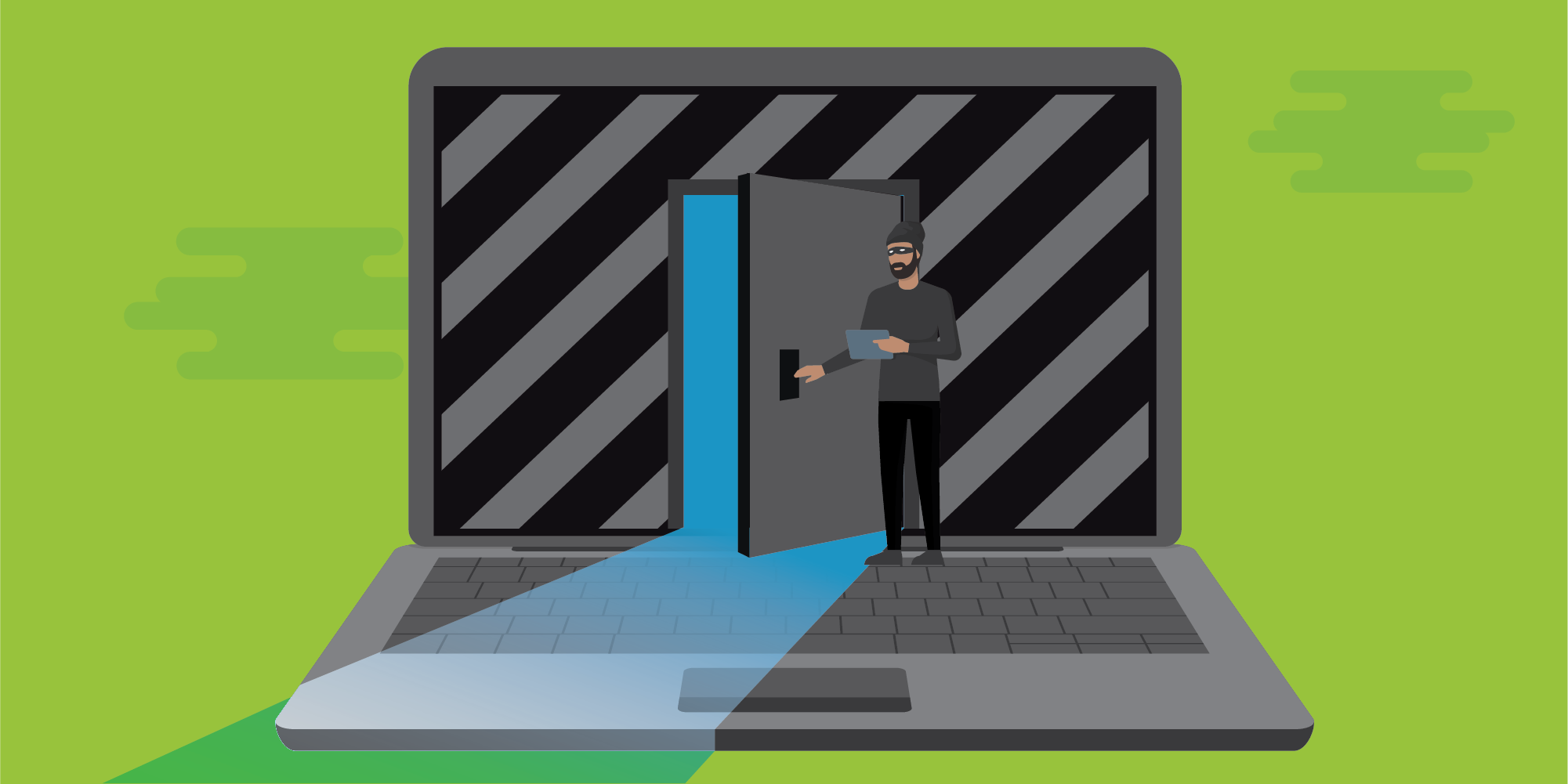 Cybercriminals, conceptualized by this image of a man illicitly opening a door into a computer, use techniques such as fast flux, described here, to evade detection and law enforcement takedowns.