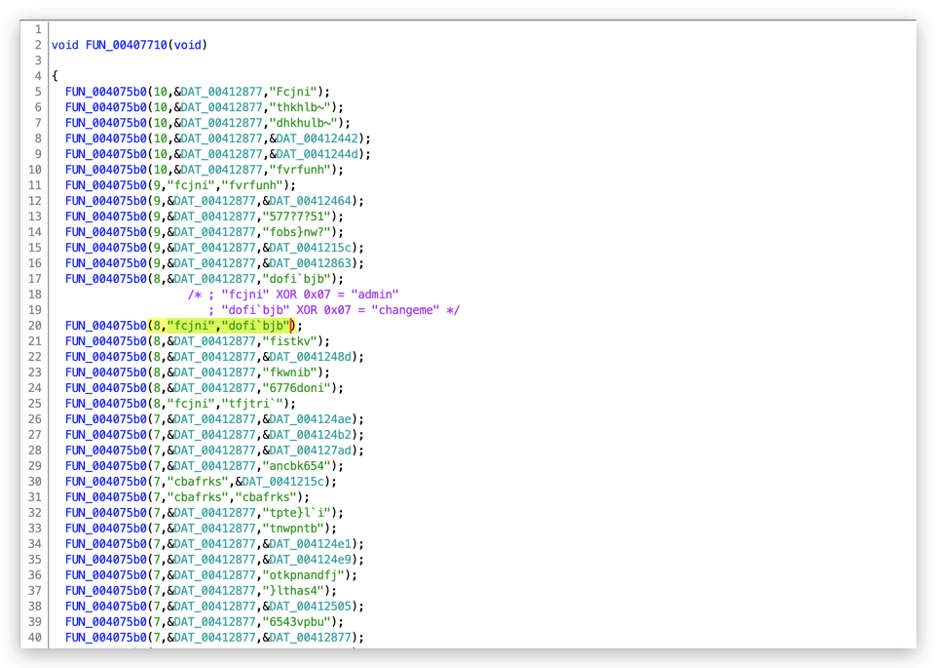 Figure 3. Passwords encrypted with XOR algorithm and key 0x07.