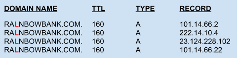 A fast flux network requires rapidly switching DNS records. The image shows an example of how such an effort might look at the start of a phishing campaign, showing a sample list including domain name, TTL, type of record and the record itself. 