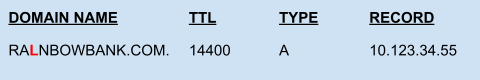 This shows an example of how a cybercriminal could set the A record for a phishing domain. The example shows a fictional domain name, time to live, type of record and the record itself. 