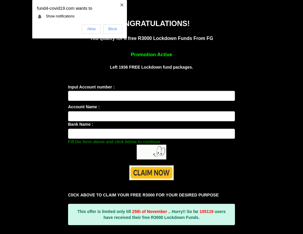 COVID-19 themed phishing attacks occurred globally. This screenshot shows a scam website that promises to send the user a free lockdown fund package of 3000 Indian rupees after inputting their bank account information.