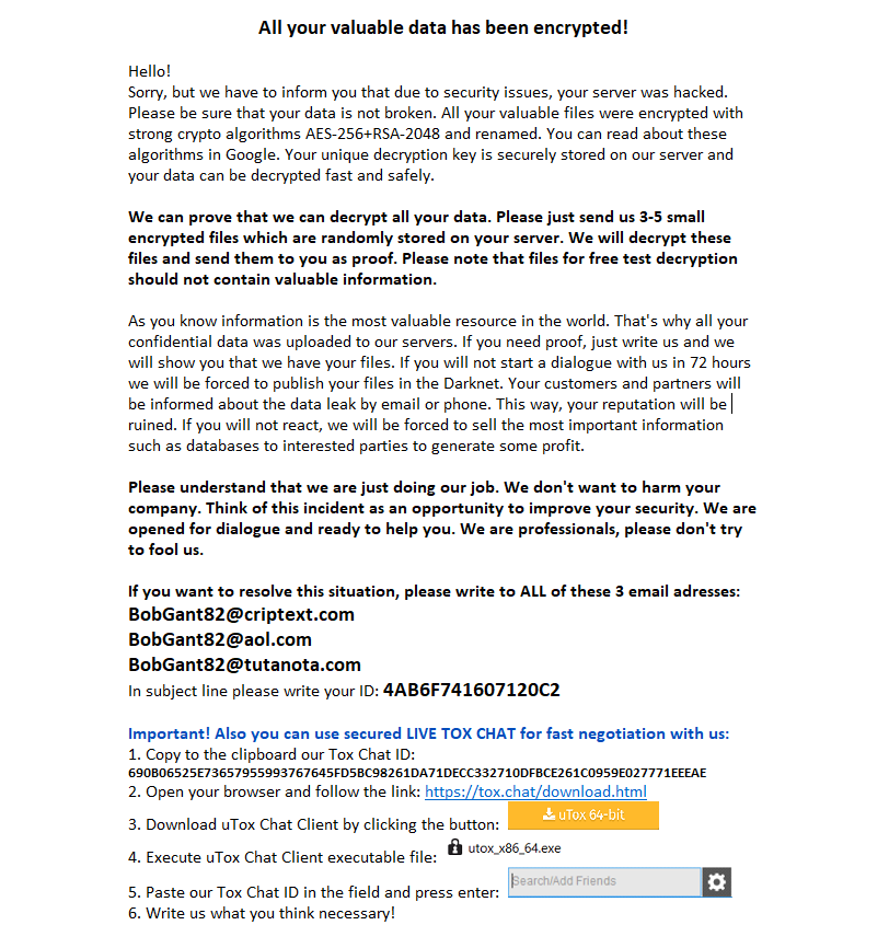 This screenshot of a note produced by the Matrix ransomware family begins, "All your valuable data has been encrypted!" A key paragraph of interest reads, "We can prove that we can decrypt all your data. Please just send us 3-5 small encrypted files which are randomly stored on your server. We will decrypt these files and send them to you as proof. Please note that files for free test decryption should not contain valuable information." This paragraph describes a technique that appears relatively unique to Matrix. 