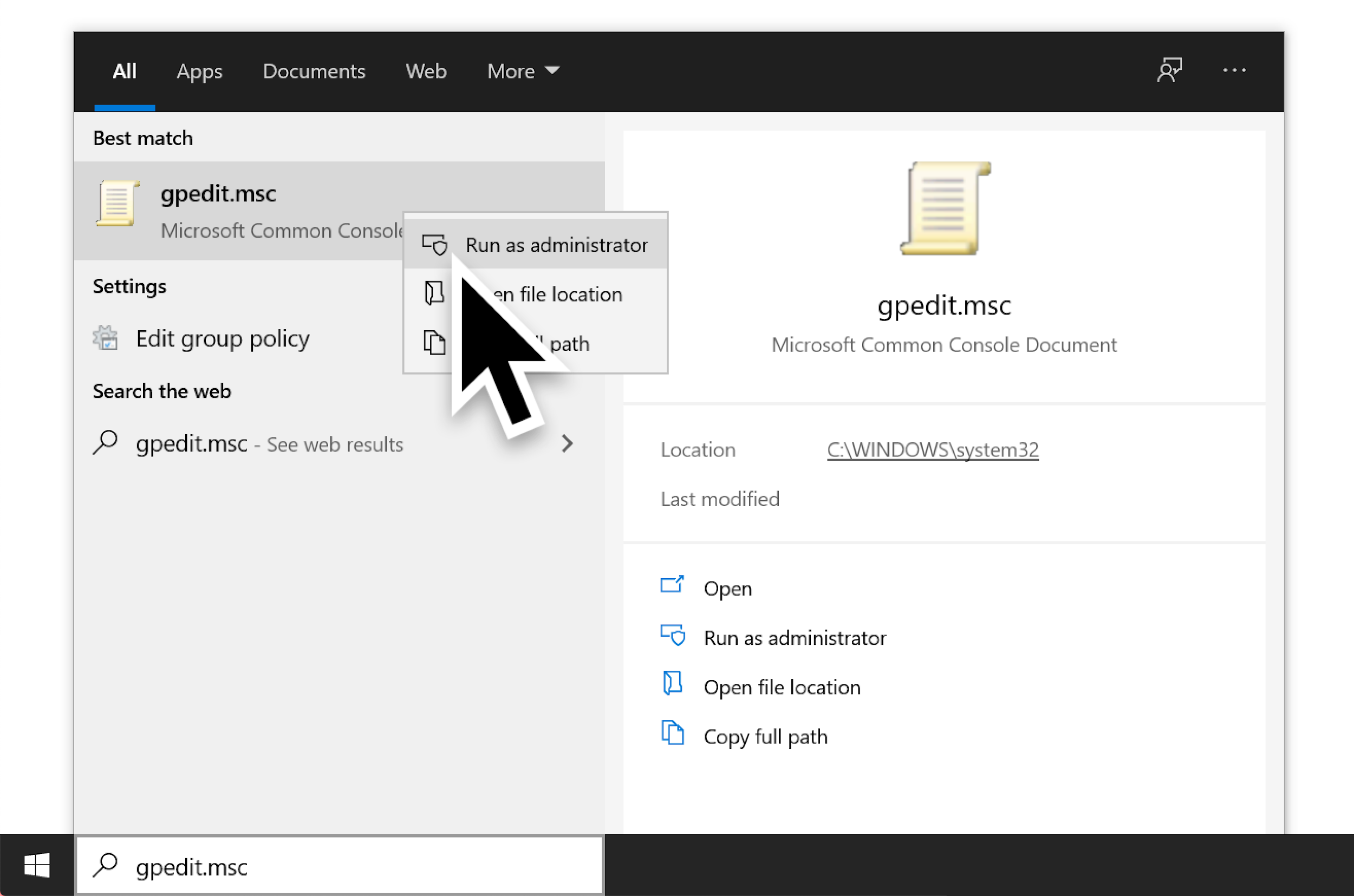Windowsの検索ボックスに「gpedit.msc」と入力してグループポリシー管理コンソールを検索し、「gpedit.msc」が [最も一致する検索結果] に表示されたら、この項目を右クリックして、コンテキストメニューから [管理者として実行] をクリックします。 