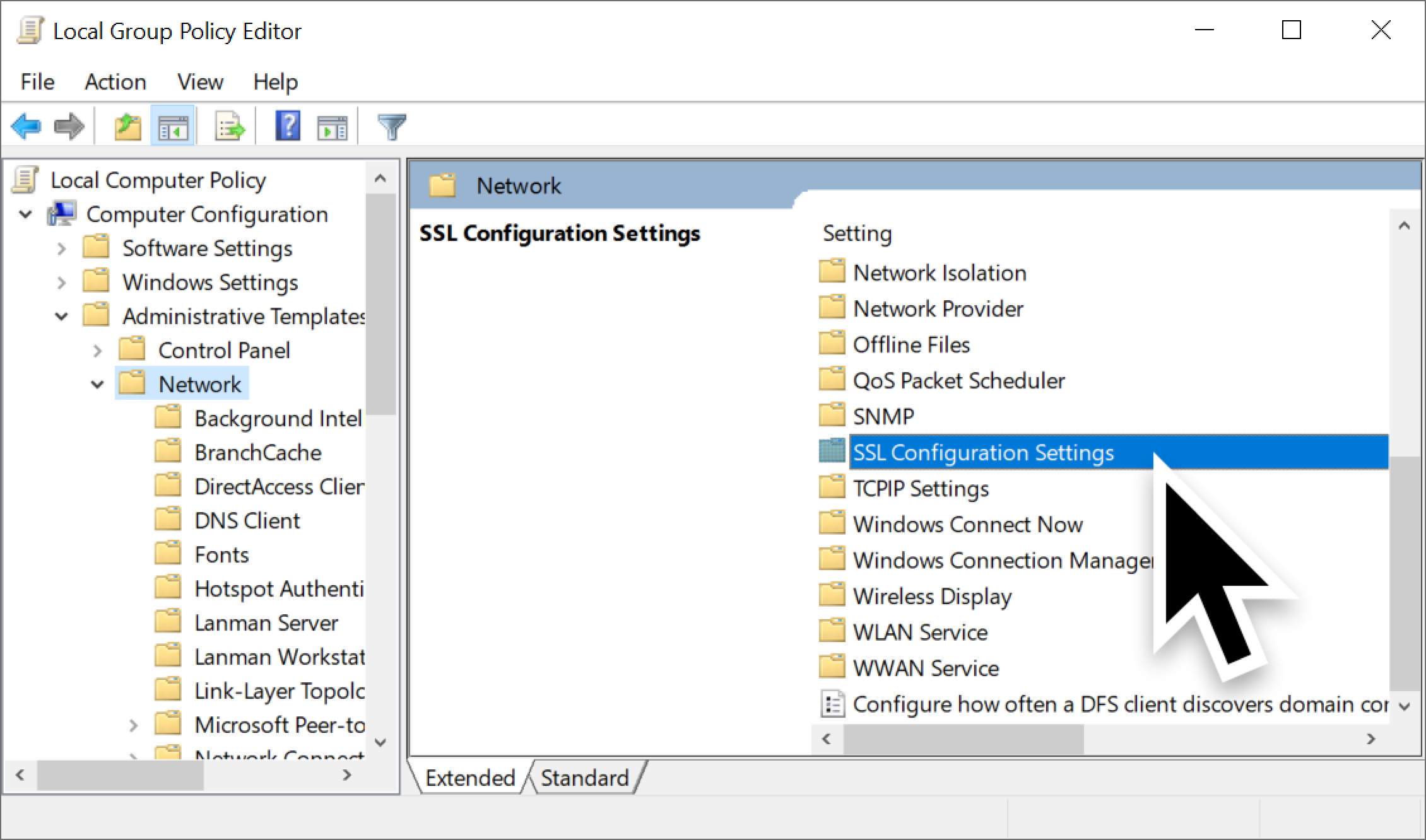 The large black arrow in the screenshot indicates the location of the SSL Configuration Settings in the file system. 