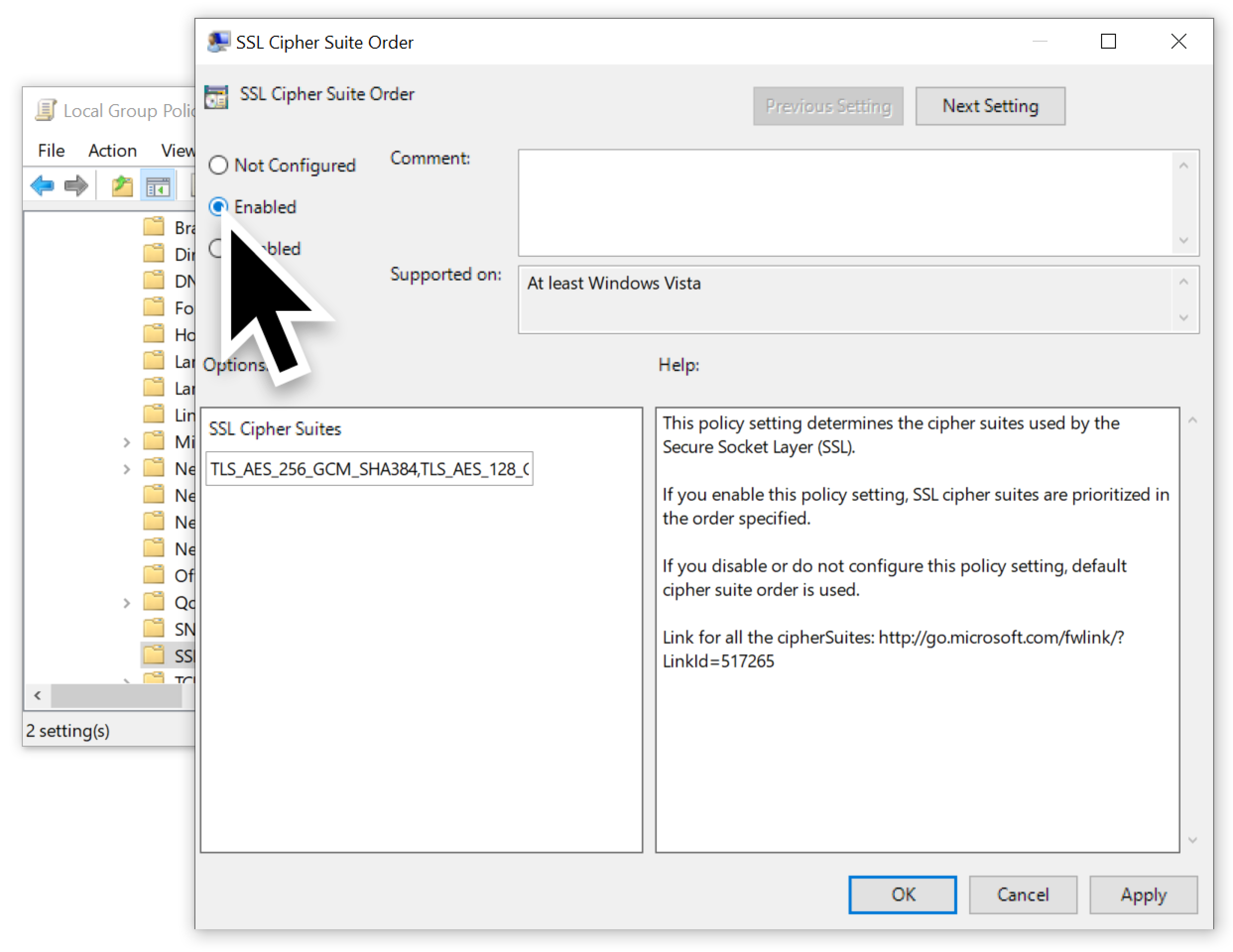 The large black arrow indicates where to click to enable SSL Cipher Suite Order. An explanation in the screenshot states, "This policy setting determines the cipher suites used by the Secure Socket Layer. If you enable this policy setting, SSL cipher suites are prioritized in the order specifiied." 