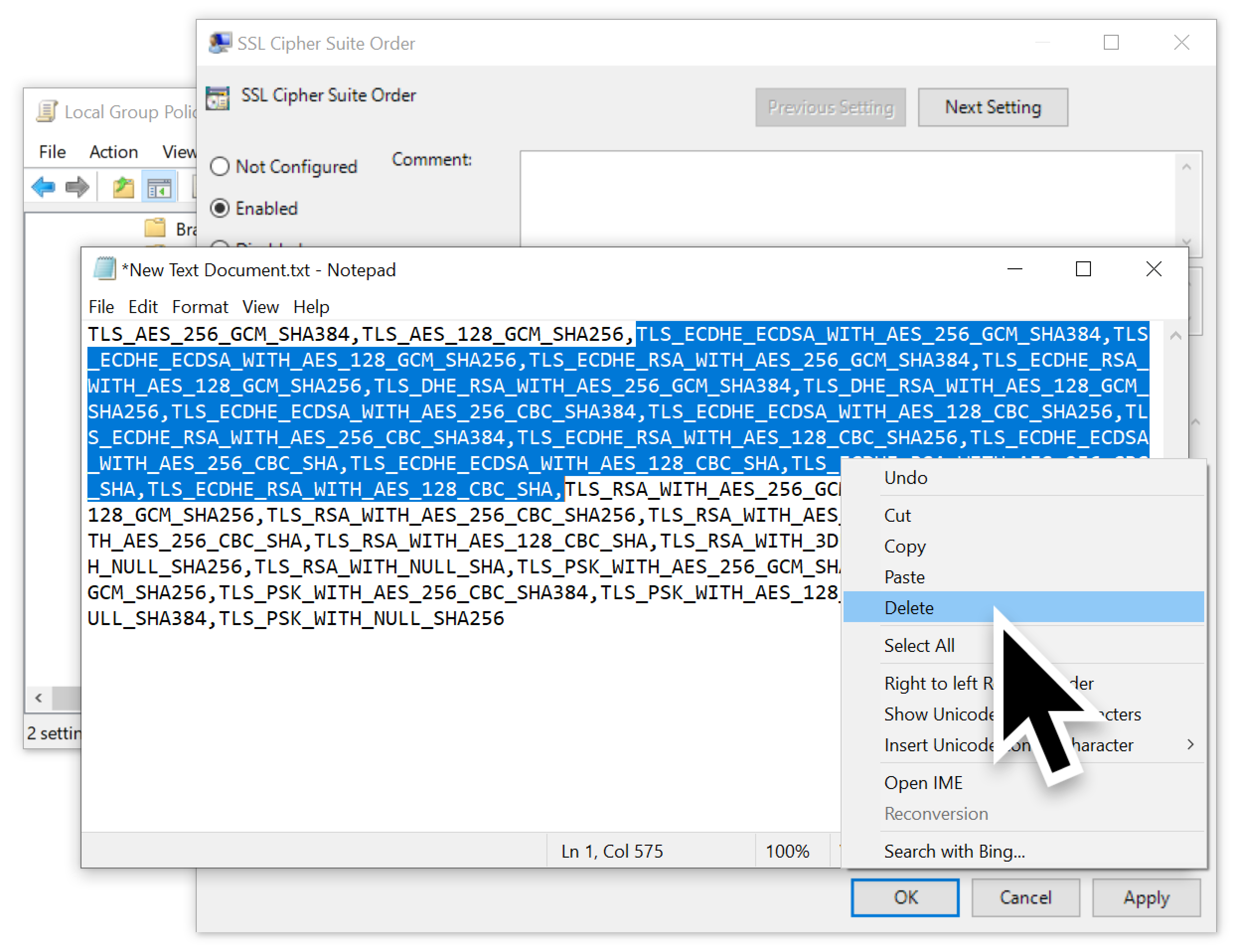 Delete ciphers that support Elliptic Curve cryptography by removing any entries with ECDHE and/or ECDHA in the name. In our example, the ciphers were located sequentially and were therefore easy to delete. 