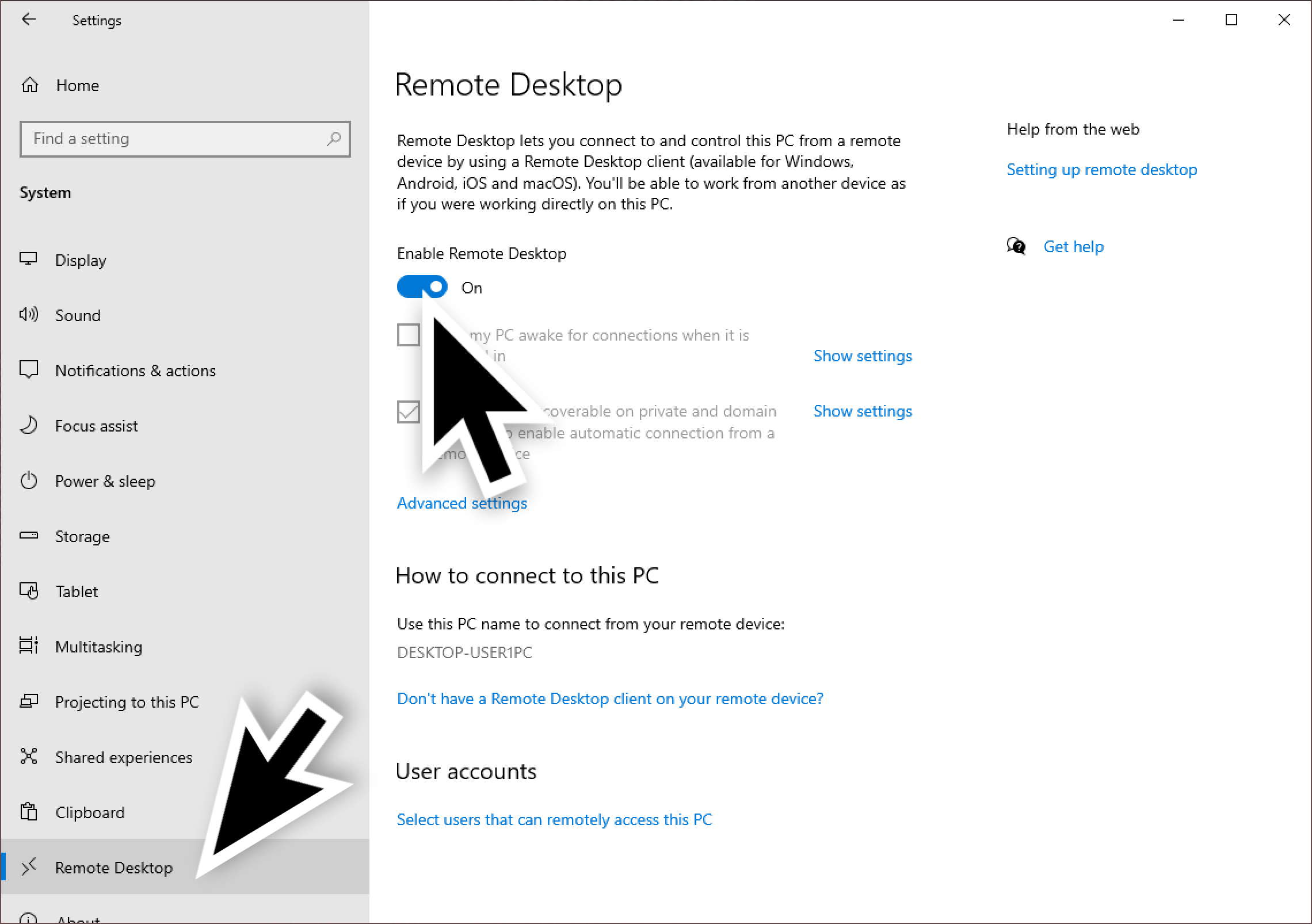 The large black arrows show where to select Remote Desktop and where to click the switch for Enable Remote Desktop. 