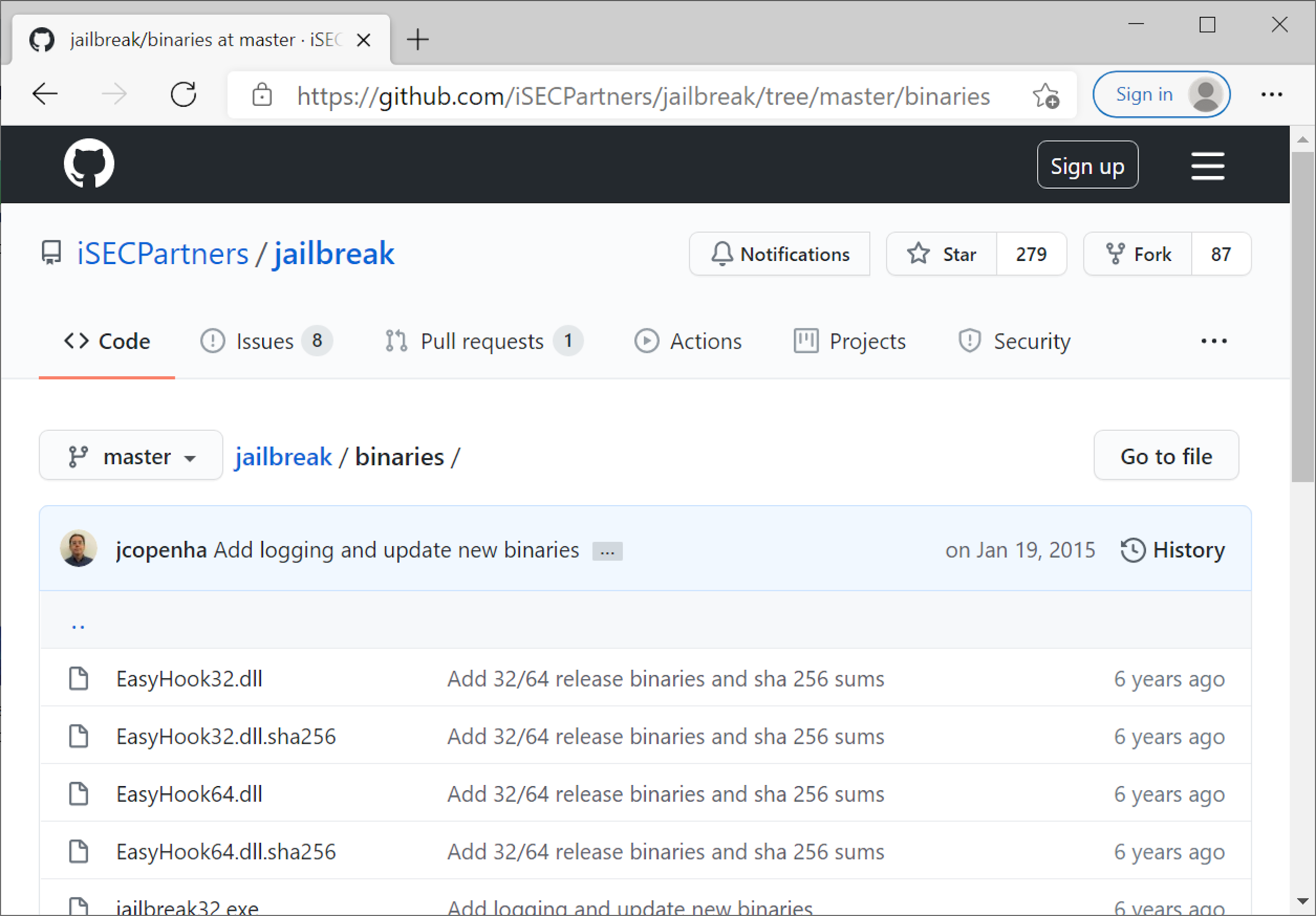 A screenshot of the Jailbreak GitHub page taken on March 4 shows the Jailbreak binaries we downloaded. 