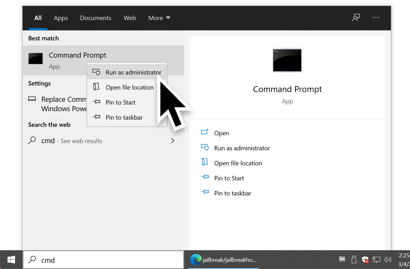 The large black arrow indicates how to open a Command prompt with administrator privileges. 