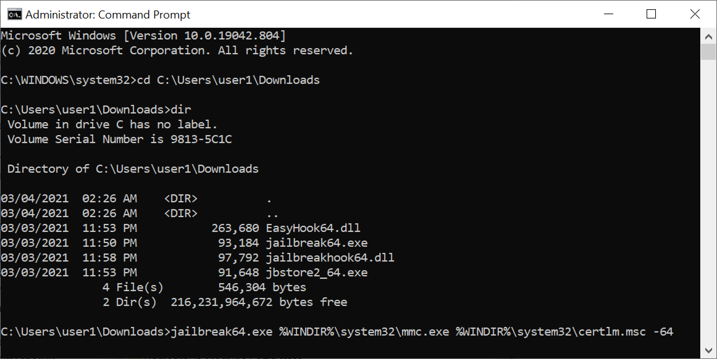 The screenshot shows an example of running the 64-bit command on our Windows host acting as the RDP server. 