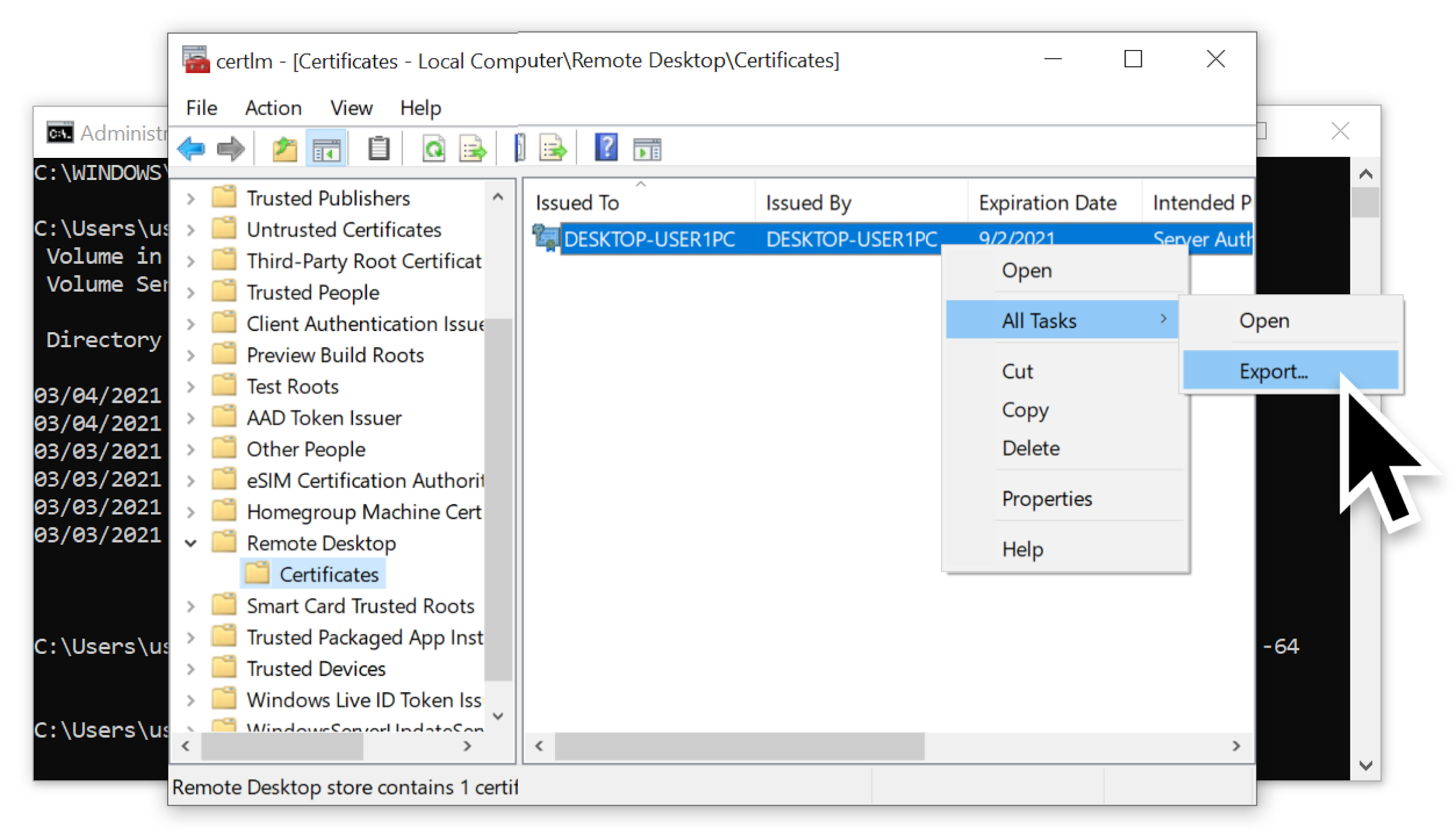 We right-clicked on the certificate, selected All Tasks then used Export as shown.