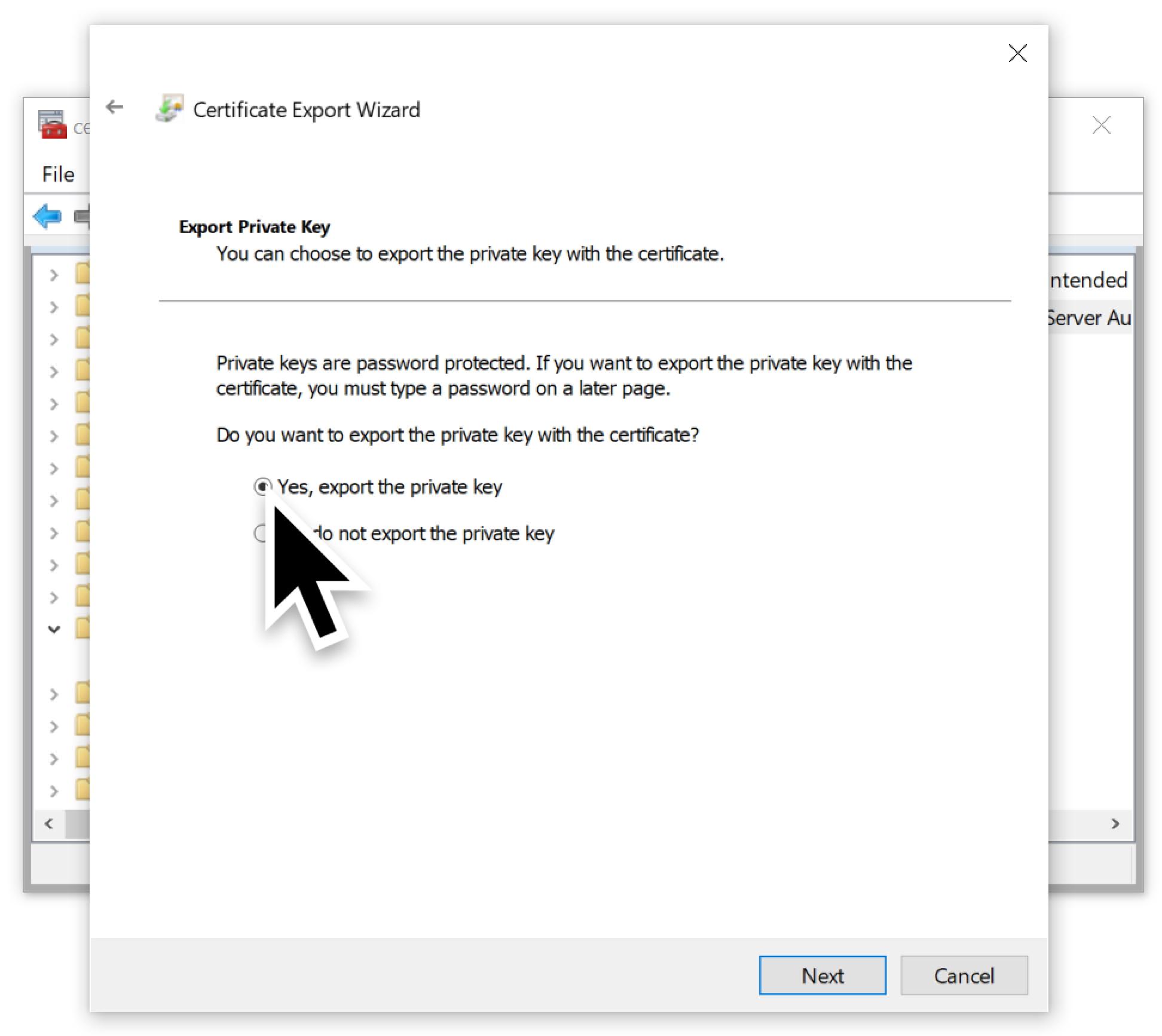 The screenshot reads: "Export Private Key: You can choose to export the private key with the certificate. Private keys are password protected. If you want to export the private key with the certificate, you must type a password on a later page. Do you want to export the private key with the certificate?" The large black arrow shows what to select to ensure the private key is exported with the certificate. 