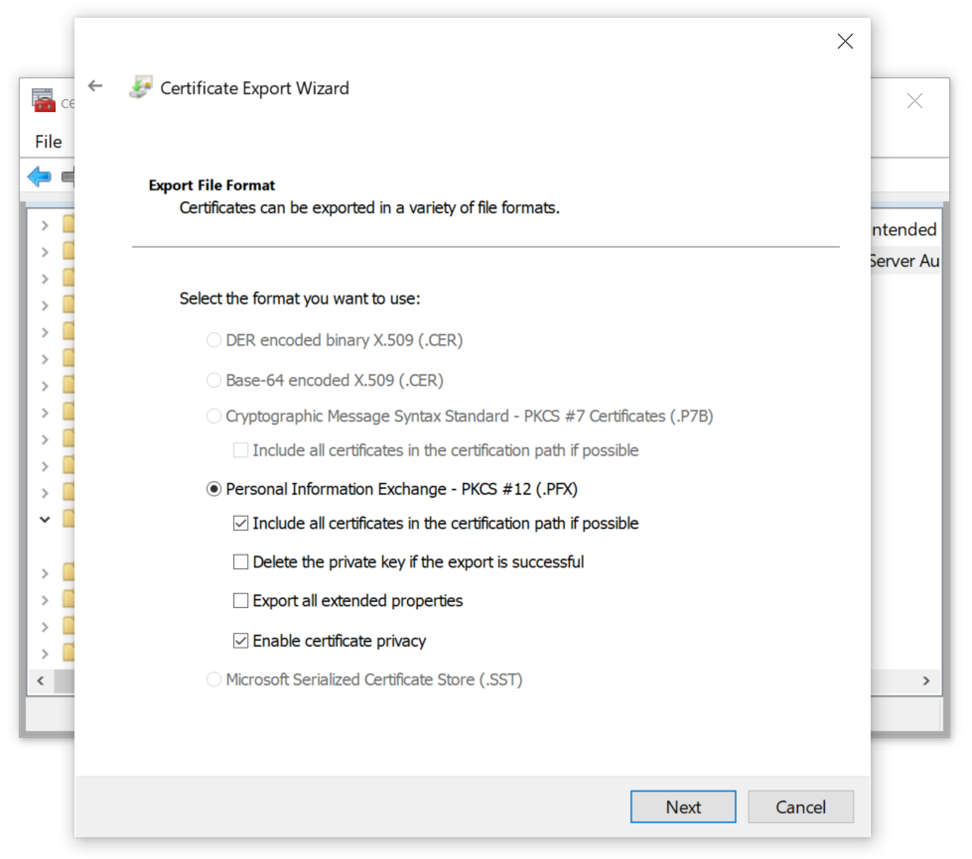 For the host used in this tutorial on decrypting RDP traffic in Wireshark, we could only export the certificate as a PKCS #12 (.PFX) file, as shown. 