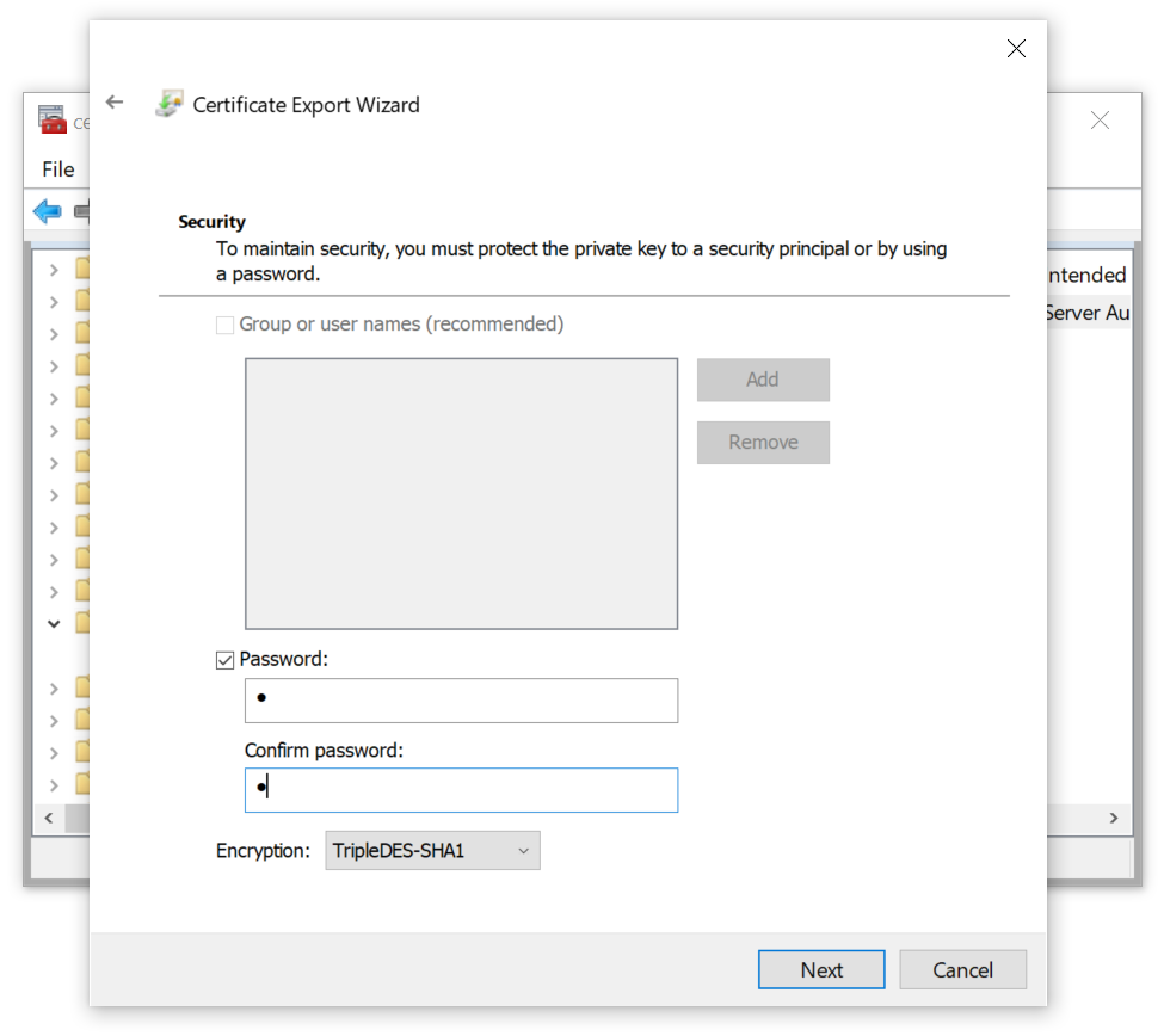 As shown, the certificate had to have a password. Because we had not complexity requirements, we used a single letter as the password. 