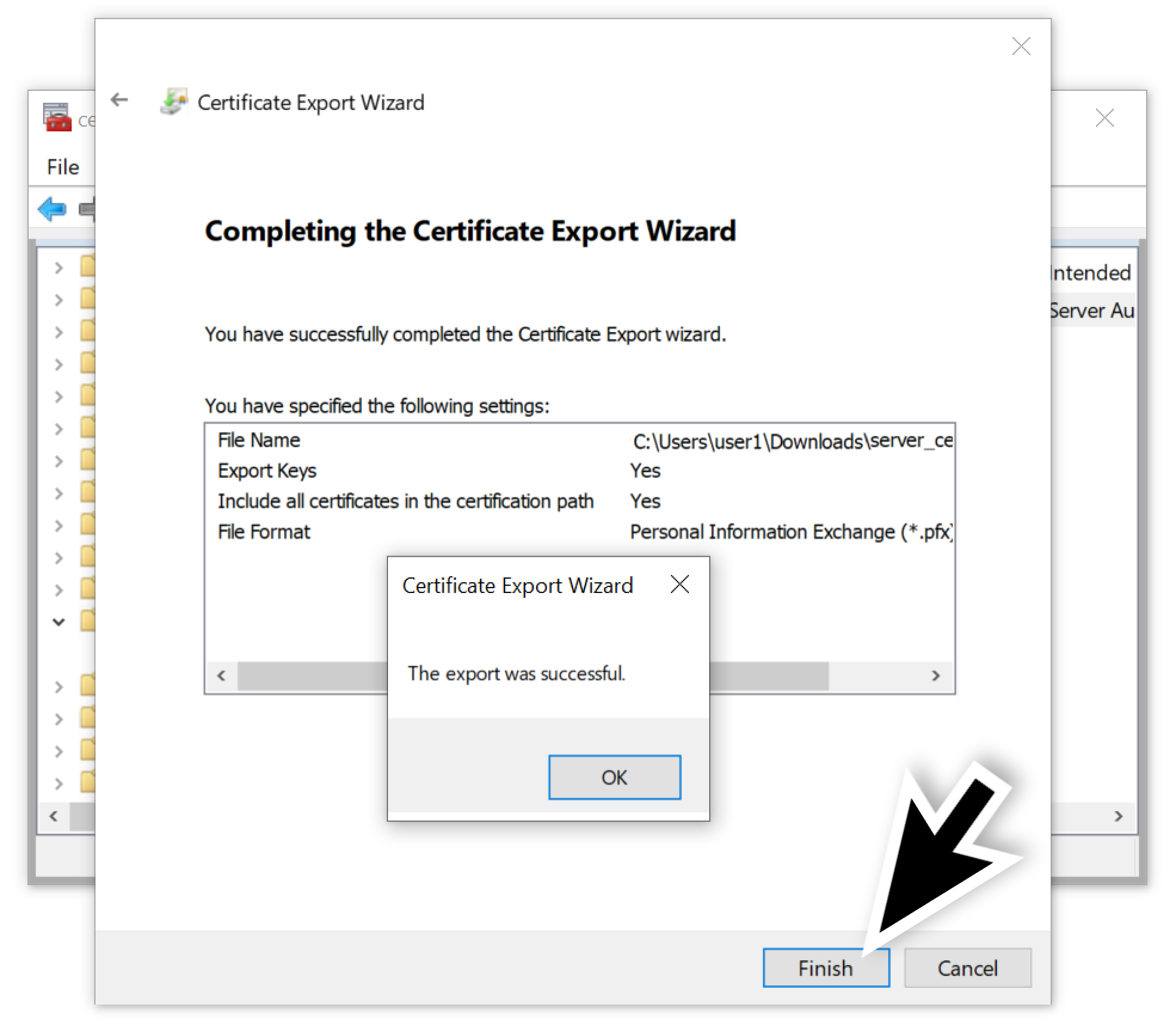 We exported our certificate with the private key as shown. 