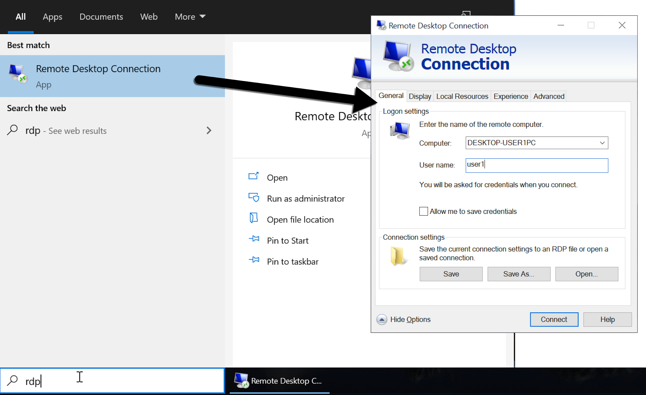 The screenshot shows how our Windows client used RDP to log in to the other Windows host acting as an RDP server. 