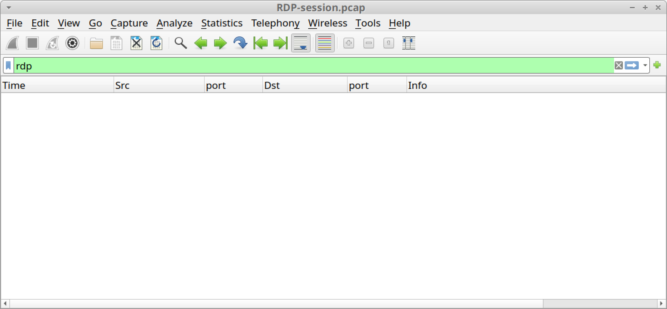 Because RDP traffic was encrypted, we see a blank column display, as shown, when filtering for RDP in our pcap. 